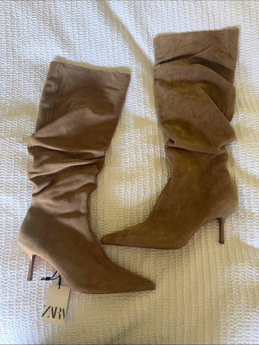 Zara Tan Slouchy Mid-Calf Pointed-Toe Heeled Boots